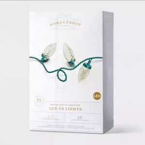 Wondershop 25ct C9 Faceted Christmas String‎ Lights Warm White w/ Green Wire New